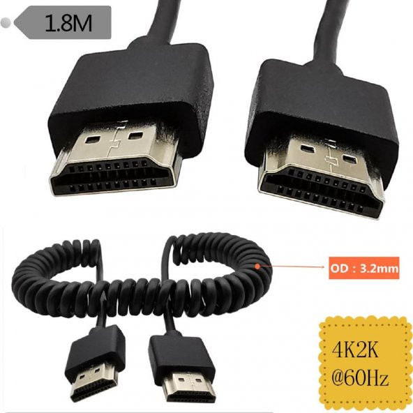İnce Yüksek Hızlı HDMI Sarmal Spiral Kablo 4K  2K
