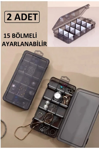 2'li Füme 15 Bölme Ayarlanabilir Düzenleyici Takı Kolye Boncuk Ilaç Küpe Yüzük Kutusu Organizer
