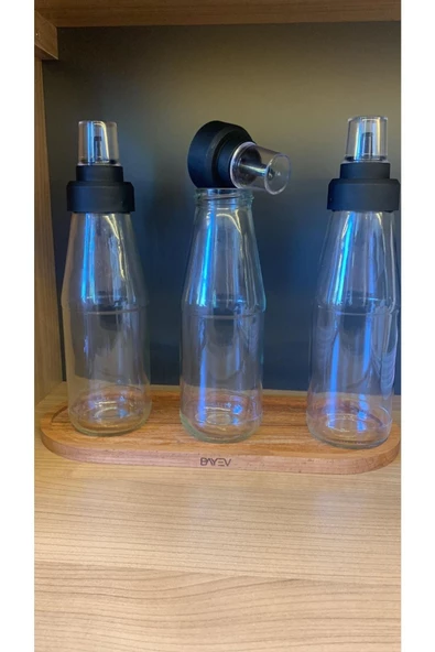 3 Adet Damlatmaz Akıllı Ahşap Standlı 4 Parça Cam Yağ-sirke-limon Sos Seti - 720 Ml - Resim 2