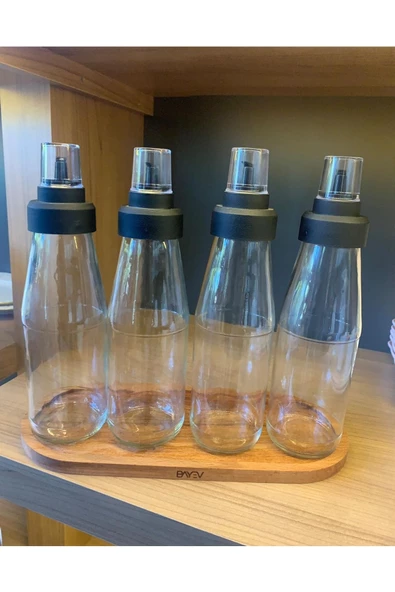 5 Parça Damlatmaz Akıllı Ahşap Standlı Cam Yağlık-sirke-limon Seti 720 ml - 5