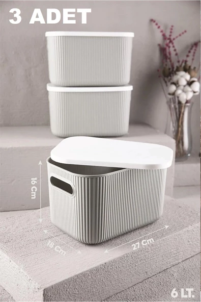 3 Adet Storage 6lt Gri Düzenleyici Saklama Kutusu Oyuncak Hobi Kapaklı Dekoratif Kutu