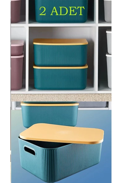 2 Adet Yeşil Storage 13 Lt Kapaklı Kutu Oyuncak, Hobi Dolap Içi Düzenleyici - Patates Saklama Kutusu - Resim 2