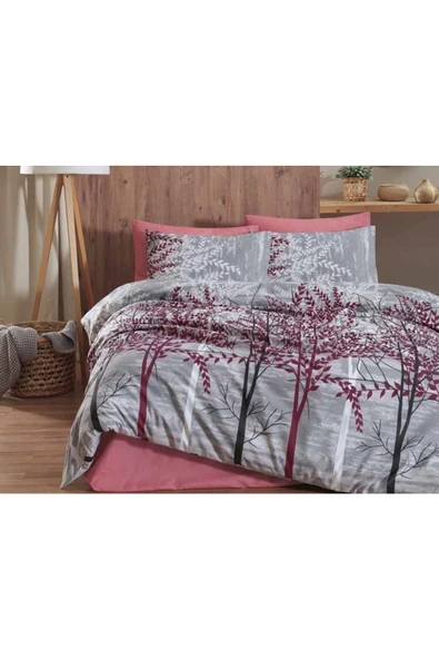 Çift Kişilik Uyku Seti - Natura V1 Bordo Yaprak Model Yorganlı Yatak Seti
