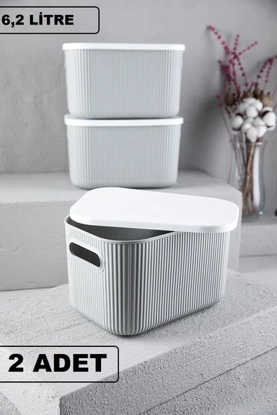 2 Adet Storage 6 Lt Gri Çok Amaçlı Dolap Içi Düzenleyici Kapaklı Saklama Kabı