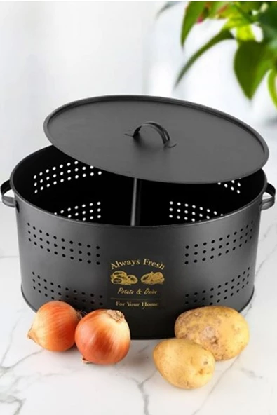 Lüx Bölmeli Siyah Metal Patates Soğanlık 6 Lt Sebzelik Saklama Kabı Ve Soğan Kovası - Resim 2