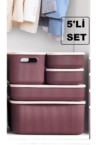 5 Parça Mor Dolap Içi Düzenleyici Storage Kapaklı Kutu Çamaşır Sepet Çorap Kıyafet Düzenleyici Set