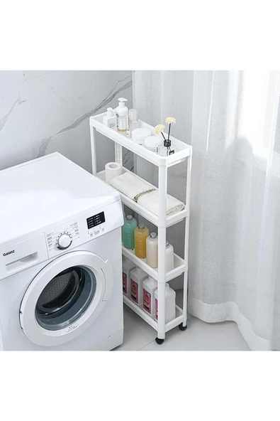 Beyaz Çok Amaçlı 4 Katlı Banyo Organizer Raf Tekerlekli