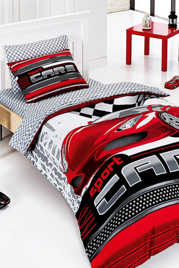 Erkek Çocuklar İçin Kırmızı Tek Kişilik Uyku Seti Sports Cars