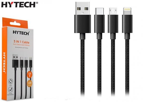 Hytech HY-X515 1.2M 3A MicroUSB+Lightning+TypeC 3 in 1 Siyah Şarj Kablosu - 2