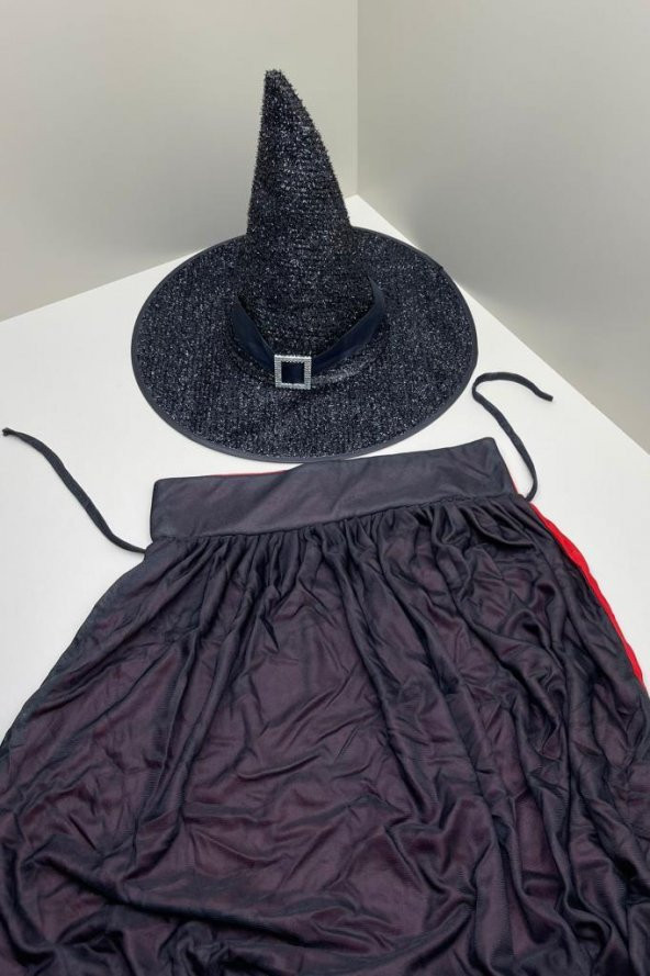 Beysüs Cadılar Bayramı Halloween Yetişkin Pelerin Şapka Set Siyah Kırmızı - 4