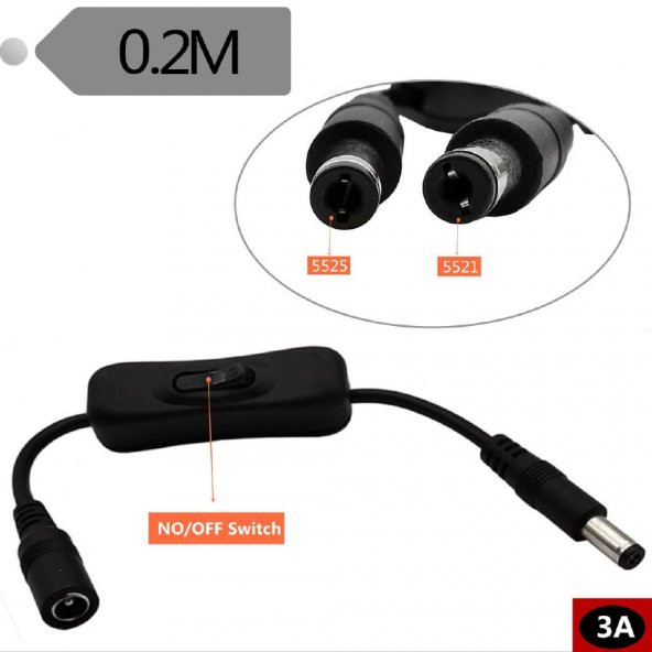 5.5x2.5 mm ON/OFF Anahtarlı Adaptör Uzatma Kablosu - 20 cm - 2
