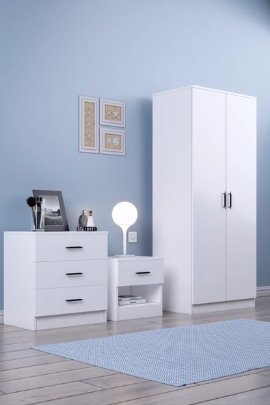 ABETE MOBİLYA 2 Kapılı Geniş Gardırop Komodin 3 Çekmeceli Şifonyer Takım / Beyaz