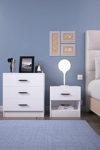 ABETE MOBİLYA 2 Kapılı Geniş Gardırop Komodin 3 Çekmeceli Şifonyer Takım / Beyaz - 5