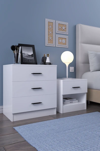 ABETE MOBİLYA 2 Kapılı Geniş Gardırop Komodin 3 Çekmeceli Şifonyer Takım / Beyaz - 4