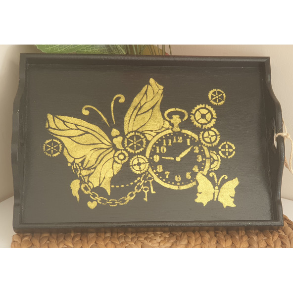 Siyah Gold Kelebek Stencil Baskılı Ahşap Tepsi - 2