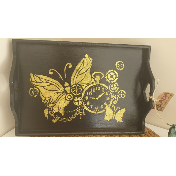 Siyah Gold Kelebek Stencil Baskılı Ahşap Tepsi - 3