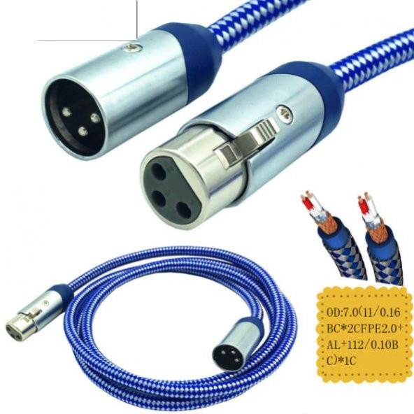 XLR Erkek - Dişi Balanslı Kaliteli Örgülü Kablo - 5 Metre