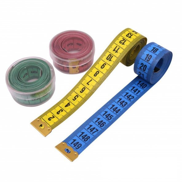 12 Adet Renkli Standart 1.5 Metre Mezura Klasik Mezro Şeffaf Kutu