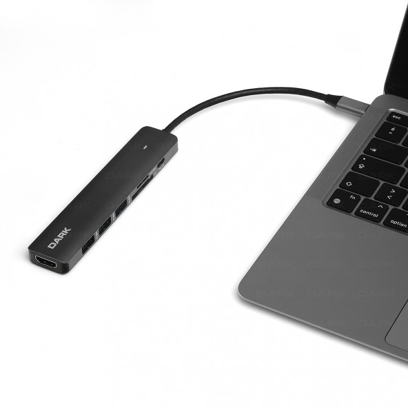 Dark USB 3.1 Gen1 Type-C 7si 1 Arada HDMI / USB 3.0 - USB 2.0 / TF SD Kart Okuyucu / USB-C & USB-C PD Dönüştürücü Çevirici HUB Çoğaltıcı Ultrabook & Macbook ile Uyumlu