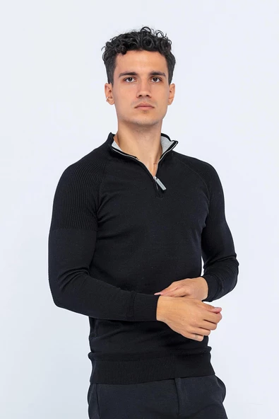 Erkek Regular Fit Düz Renk Fermuarlı Renkli Yaka Pamuklu Triko Kazak - 2