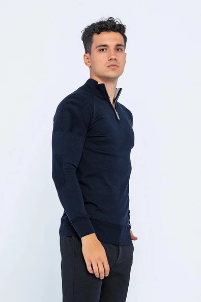 Erkek Regular Fit Düz Renk Fermuarlı Renkli Yaka Pamuklu Triko Kazak - 10
