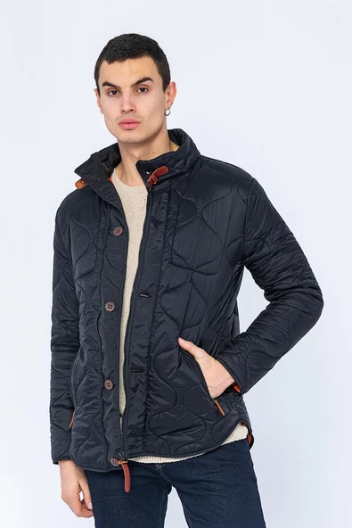 Erkek Slim Fit Dik Yaka Fermuarlı Düğmeli Cepli Kalın Kapitone Şişme Mont - 9