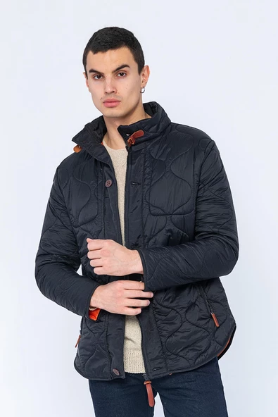 Erkek Slim Fit Dik Yaka Fermuarlı Düğmeli Cepli Kalın Kapitone Şişme Mont - 8