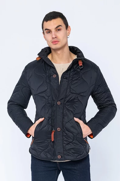 Erkek Slim Fit Dik Yaka Fermuarlı Düğmeli Cepli Kalın Kapitone Şişme Mont - 5