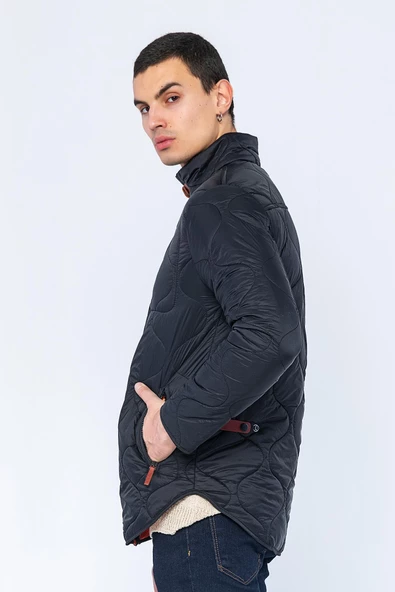 Erkek Slim Fit Dik Yaka Fermuarlı Düğmeli Cepli Kalın Kapitone Şişme Mont - 3