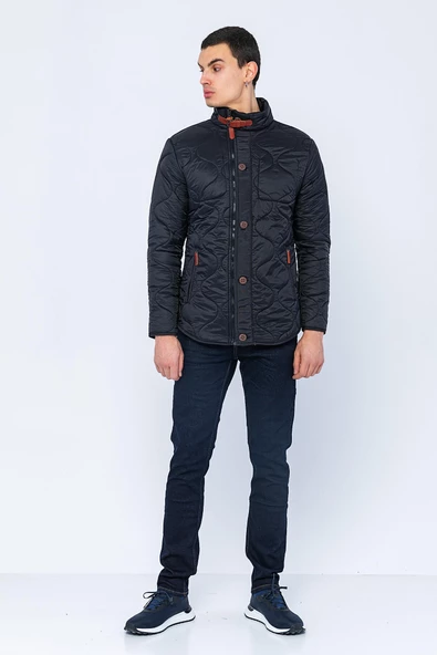 Erkek Slim Fit Dik Yaka Fermuarlı Düğmeli Cepli Kalın Kapitone Şişme Mont - 11