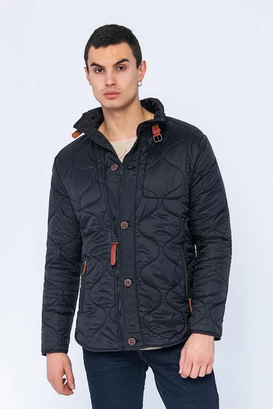 Erkek Slim Fit Dik Yaka Fermuarlı Düğmeli Cepli Kalın Kapitone Şişme Mont - 2