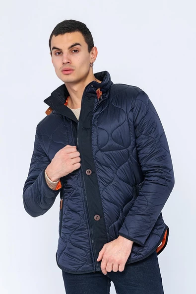 Erkek Slim Fit Dik Yaka Fermuarlı Düğmeli Cepli Kalın Kapitone Şişme Mont - 12