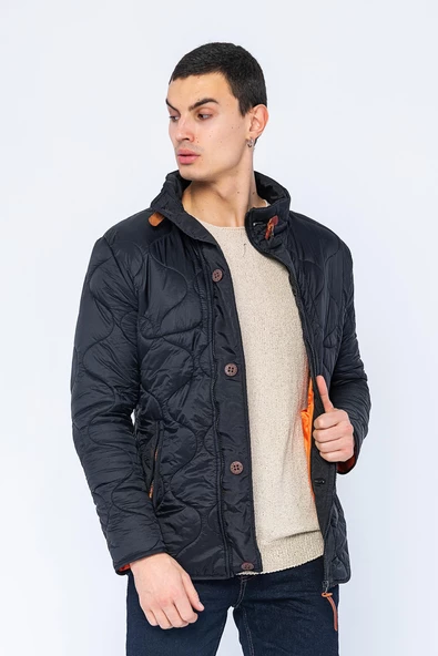 Erkek Slim Fit Dik Yaka Fermuarlı Düğmeli Cepli Kalın Kapitone Şişme Mont - 6