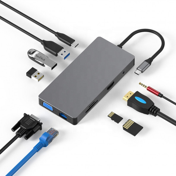 Dark USB 3.1 Gen1 Type C 10'u 1 Arada Ethernet / USB-C PD / HDMI / VGA / TF SD Kart Okuyucu / 3xUSB 3.0 / Kulaklık Çoklayıcı Dönüştürücü Çevirici HUB Docking Station DK-AC-U31X43