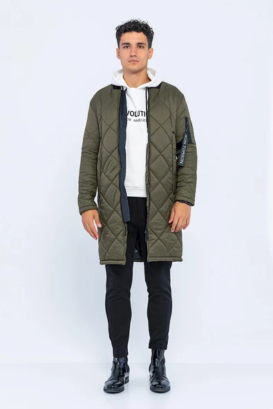 Erkek Regular Fit Kışlık Çok Cepli Çift Yön Fermuarlı Bomber Yaka Uzun Kapitone Şişme Mont - 8