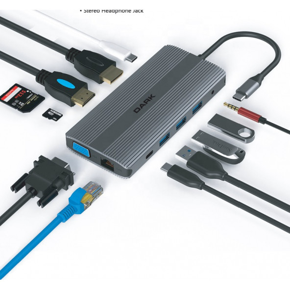 Dark USB 3.1 Gen1 Type C 12'si 1 Arada Ethernet / HDMI / VGA / DP / Çoklayıcı Dönüştürücü Çevirici HUB