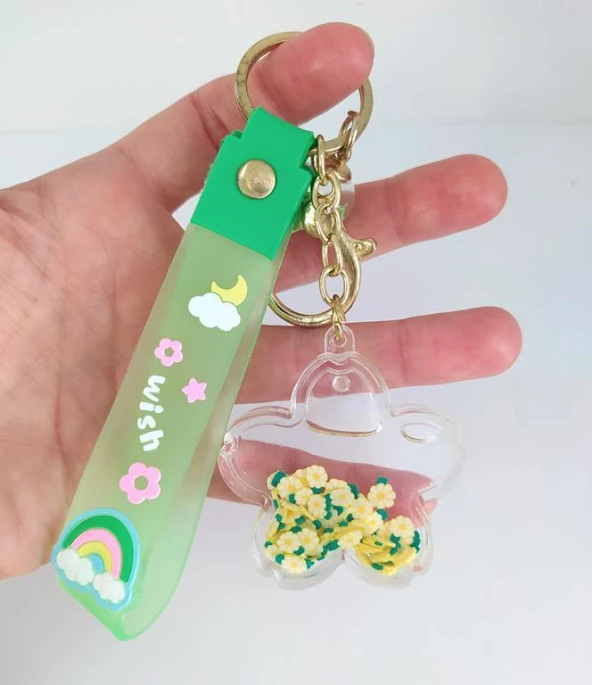 İçi Sulu Yıldızlı Yüzen Çiçekli Anahtarlık Çanta Süsü Oyuncak 12433 - Resim 2