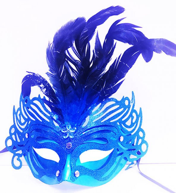 Parti Metalize Mavi Renk Tüylü Lüks Venedik Parti Balo Maskesi