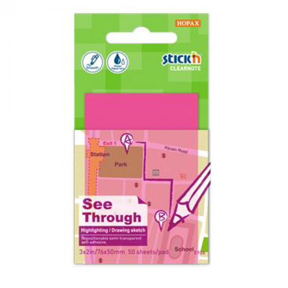 Hopax Stıckn Yapışkanlı Not Kağıdı Yarı Saydam 50 YP 76x51 Neon Pembe 21707 - 2