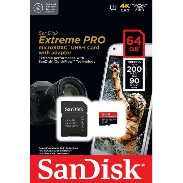 SanDisk Extreme Pro 64GB 200/90MB/s microSDXC UHS-I A2 V30 Adaptörlü Hafıza Kartı SDSQXCU-064G-GN6MA - Resim 5