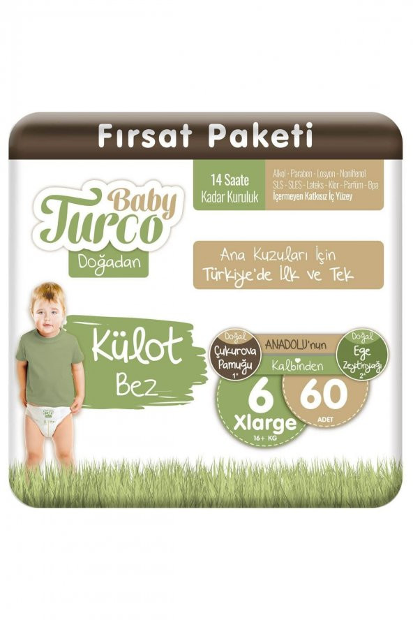 Baby Turco Doğadan Külot Bez 6 Numara Xlarge 60 Adet
