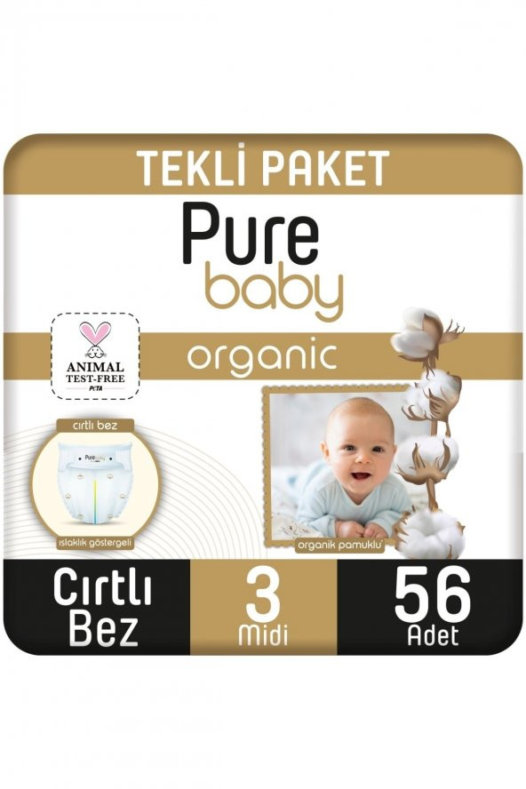 Pure Baby  Organik Pamuklu Cırtlı Bez Tekli Paket 3 Numara Midi 56 Adet
