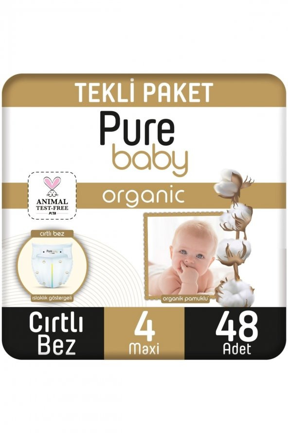 Pure Baby  Organik Pamuklu Cırtlı Bez Tekli Paket 4 Numara Maxi 48 Adet