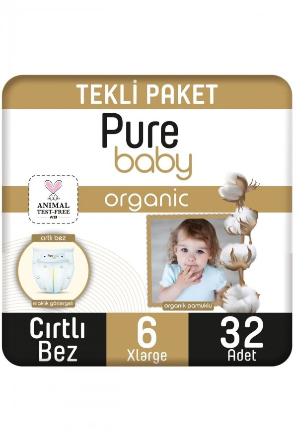 Pure Baby  Organik Pamuklu Cırtlı Bez Tekli Paket 6 Numara Xlarge 32 Adet