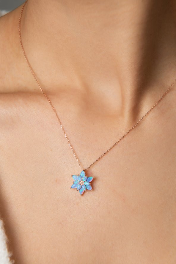 Kadın Rose Kaplama Mavi Opal Taşlı Lotus Çiçeği Model 925 Ayar Gümüş Kolye - 2