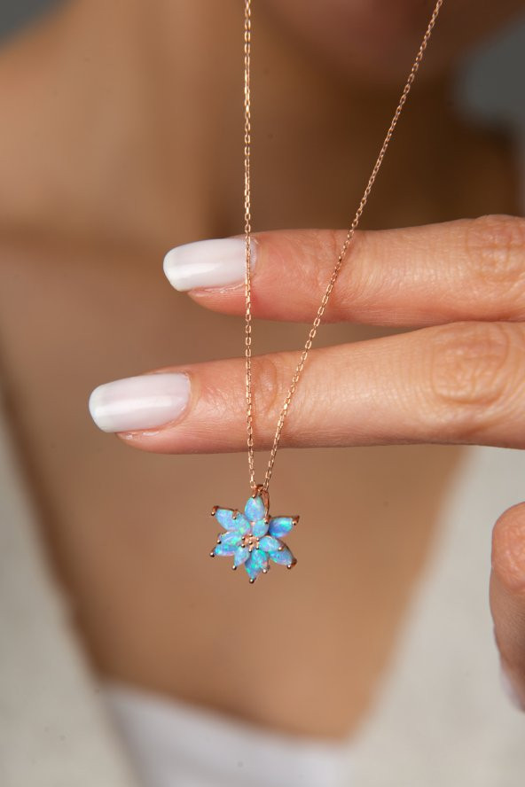 Kadın Rose Kaplama Mavi Opal Taşlı Lotus Çiçeği Model 925 Ayar Gümüş Kolye - 4