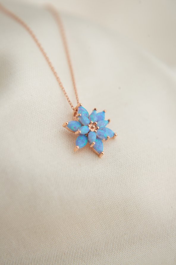 Kadın Rose Kaplama Mavi Opal Taşlı Lotus Çiçeği Model 925 Ayar Gümüş Kolye - 6