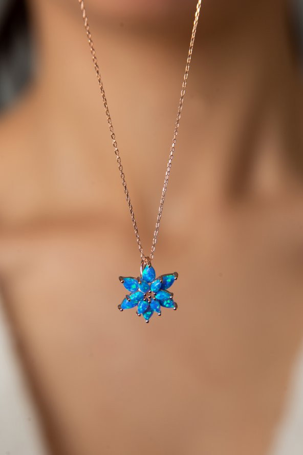 Kadın Rose Kaplama Lacivert Opal Taşlı Lotus Çiçeği Model 925 Ayar Gümüş Kolye - 4