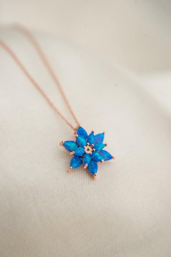 Kadın Rose Kaplama Lacivert Opal Taşlı Lotus Çiçeği Model 925 Ayar Gümüş Kolye - 6