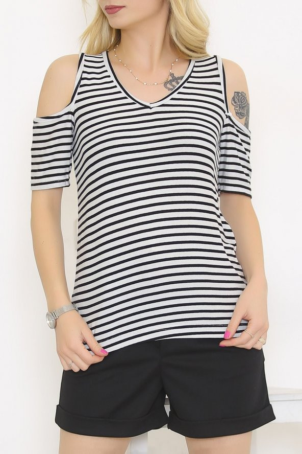 Çizgili Omuz Dekolteli Bluz Siyahçizgili - 9670.139.